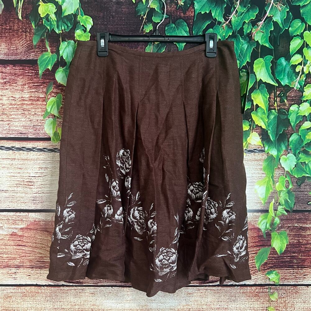 Jones New York Knee Length Skirt 10P Petite LINEN Blend Brown Pleated Floral NWT